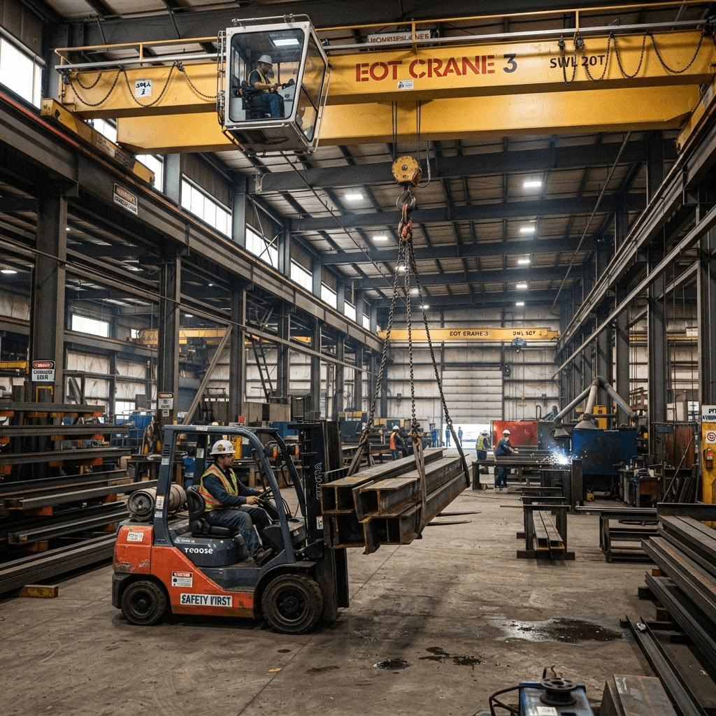 Crane and forklift operators handling heavy material